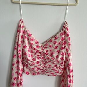 Pink and Red Ruched Crop Blouse with Long Sleeves